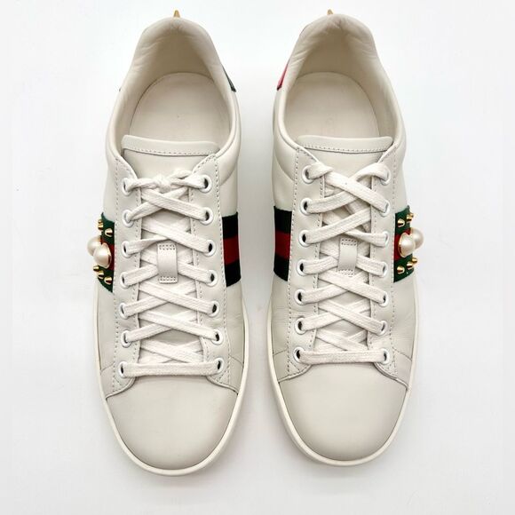 Gucci Ace Trainers Pearl Studded Web White Leather Low Top Sneakers EU 38 US 8 - Picture 3 of 13
